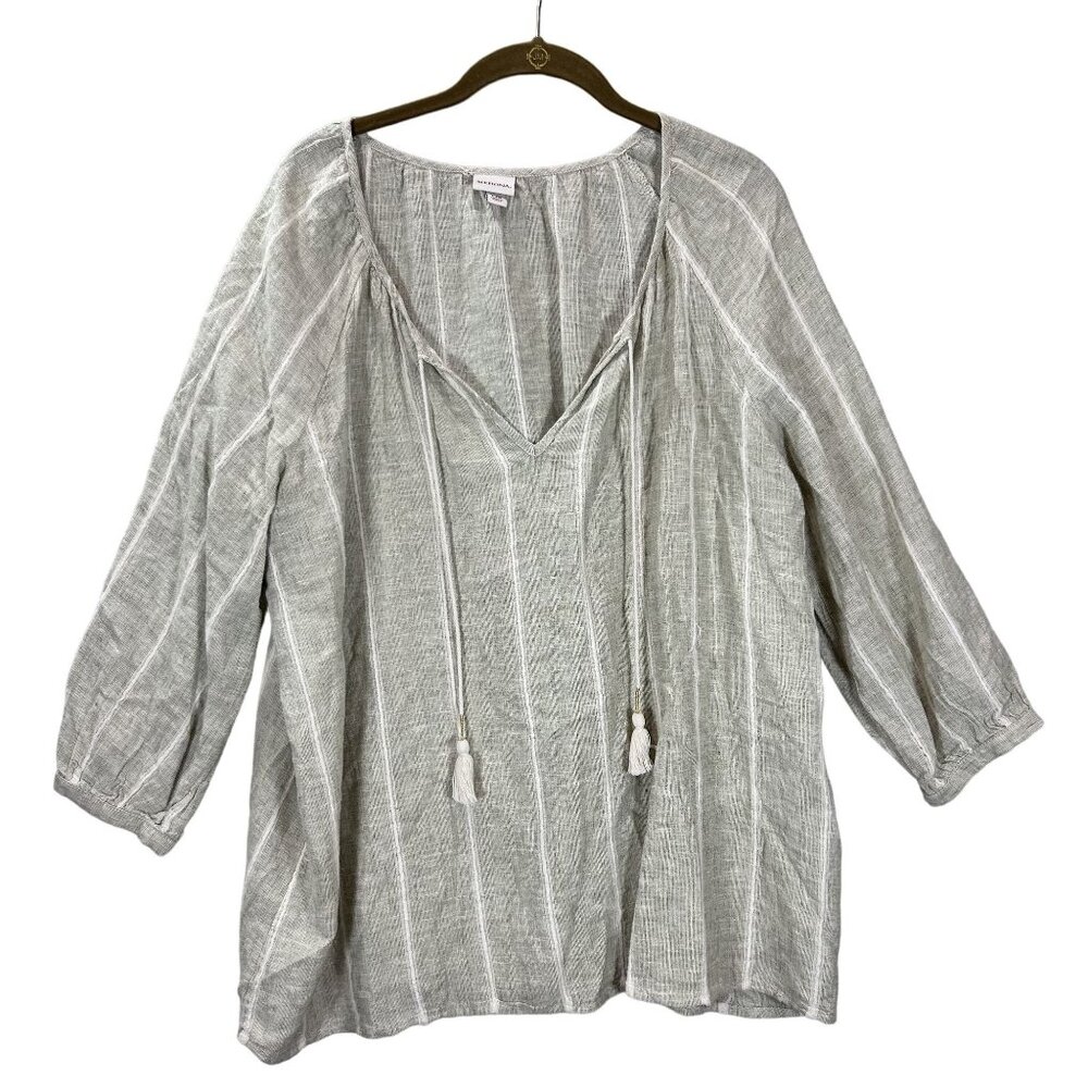 Merona Womens Boho Peasant Blouse Gauzy Linen L Beige Striped 3/4 Sleeve Tassel